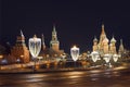 View from Moskvoretsky bridge to the Kremlin and Pokrovsky Cathedral on new year and Christmas holidays at night. Moscow Royalty Free Stock Photo