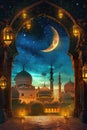 A view of a mosque with a crescent in the sky, perfect for use in Islamic-themed designs and illustrations Royalty Free Stock Photo