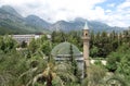 View of the mosque in a green garden on the Antalya coast. Royalty Free Stock Photo