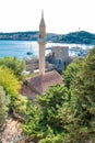 View of Mosque minaret Aerial view of Bodrum harbor Royalty Free Stock Photo