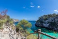 View of the most beautiful bay Cala Macarella with clear emerald water of the island Menorca, Balearic islands, Spain Royalty Free Stock Photo