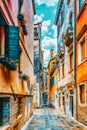 View of the most beautiful places of Venice, narrow streets, houses, city squares. Italy