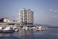 View of motorboats and yachts and hotel