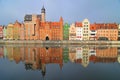 View of Mottlau River Long Bridge Dlugie Pobrzeze waterfont with Brama Mariacka Frauentor, Gdansk Danzig, Poland.