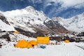 Mount Annapurna with tents from Annapurna base camp Royalty Free Stock Photo