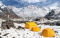 View of Mount Annapurna with tents from base camp, Nepal Royalty Free Stock Photo