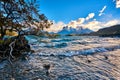 View of Mount Cuernos del Peine in the national park Torres del Paine during the bright sunrise. Chilean Patagonia in Royalty Free Stock Photo