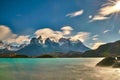 View of Mount Cuernos del Peine in the national park Torres del Paine during the bright sunrise. Chilean Patagonia in Royalty Free Stock Photo