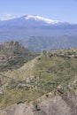 View of Mount Etna volcano from path of Saracens in mountains between Taormina and Castelmola, Sicily Italy Royalty Free Stock Photo