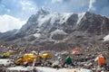 View from Mount Everest base camp, tents, prayer flags