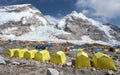 Mount Everest base camp yellow tents and prayer flags Royalty Free Stock Photo