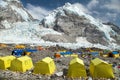 Mount Everest base camp yellow tents and prayer flags Royalty Free Stock Photo