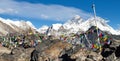 Mount Everest and Lhotse with buddhist prayer flags Royalty Free Stock Photo