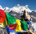 Mount Everest and Lhotse with buddhist prayer flags Royalty Free Stock Photo