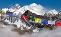 Mount Everest and Lhotse with buddhist prayer flags