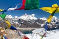 Mount Everest, Lhotse and Makalu with buddhist prayer flags Royalty Free Stock Photo