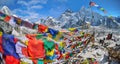 View of Mount Everest and Nuptse with buddhist prayer flags fro