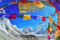 View of Mount Everest and Nuptse with buddhist prayer flags Royalty Free Stock Photo