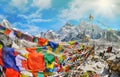 View of Mount Everest and Nuptse with buddhist prayer flags from kala patthar in Sagarmatha National Park Royalty Free Stock Photo