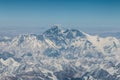 Aerial view of Mount Everest and surrounding mountains and snow covered landscape, on the flight from Tibet to Nepal. Royalty Free Stock Photo