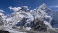 View of Mount Everest and the west side of Nuptse with famous Khumbu ice fall below viewed from Kala Patthar. Royalty Free Stock Photo