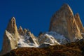 View of Mount Fitz Roy and the lake in the National Park Los Glaciares National Park at sunrise. Autumn in Patagonia Royalty Free Stock Photo