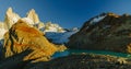 View of Mount Fitz Roy and the lake in the National Park Los Glaciares National Park at sunrise. Autumn in Patagonia Royalty Free Stock Photo