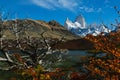 View of Mount Fitz Roy and the lake in the National Park Los Glaciares . Autumn in Patagonia, the Argentine side