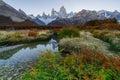 View of Mount Fitz Roy in the National Park Los Glaciares National Park during sunset. Autumn in Patagonia, the