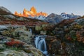View of Mount Fitz Roy and the waterfall in the Los Glaciares National Park during sunrise. Autumn in Patagonia, the