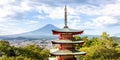 View of mount Fuji with Chureito Pagoda at Arakurayama Sengen Park panorama in Japan