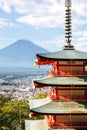 View of mount Fuji with Chureito Pagoda at Arakurayama Sengen Park portrait format in Japan Royalty Free Stock Photo