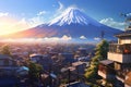 The view of mount fuji from a city anime style.illustration. AI generative Royalty Free Stock Photo