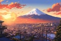 The view of mount fuji from a city anime style.illustration. AI generative Royalty Free Stock Photo
