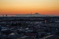 View of Mount Fuji and Tokyo Skytree from an office building in Kamagaya City, Chiba Prefecture. Royalty Free Stock Photo