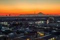 View of Mount Fuji and Tokyo Skytree from an office building in Kamagaya City, Chiba Prefecture. Royalty Free Stock Photo