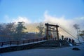 View of Mount Hotaka behind rustic Kappa Bashi Bridge , Kamikochi, Nagano Prefecture, Japan