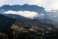 View of Mount Kinabalu in the morning with the low level cloud and the small village in the distance. Royalty Free Stock Photo