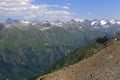 View from Mount Moussa-Achitara to the mountain Elbrus, Dombai, Russia Royalty Free Stock Photo