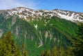 View from Mount Roberts toward Mt Juneau with waterfall in Alaska