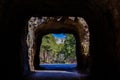 View of Mount Rushmore through C.C. Gideon Tunnel on the Iron Mount Road Royalty Free Stock Photo