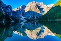 View of Mount Seekofel of the Dolomites and the reflection