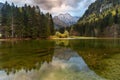 View of Mount Skuta. Plansar Lake or Plansarsko jezero on valley Zgornje Jezersko in northern Slovenia