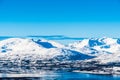 View from Mount Storsteinen on the Norwegian mountains around the city of Tromso Royalty Free Stock Photo