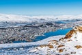 View from Mount Storsteinen on the Norwegian mountains around the city of Tromso Royalty Free Stock Photo