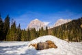 View of Mount Tofana di Rozes, as seen from the road to Passo Giau, high alpine pass near Cortina d`Ampezzo, Dolomites, Italy Royalty Free Stock Photo