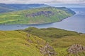 View from the mountain Ben Tianavaig towards the Trotternish peninsula and with the Old Man of Storr in the background, Isle of Sk