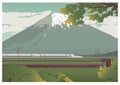 View of Mountain Fuji and traveling train. Color vector flat cartoon illustration Royalty Free Stock Photo