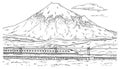 View of Mountain Fuji and traveling train with passenger carriages. Vintage engraving