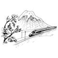 View of Mountain Fuji and traveling train. Vector vintage hatching